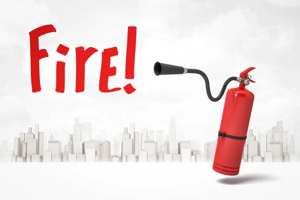 3d rendering of red foam portable fire extinguisher with red Fire sign on white city skyscrapers background — Stock Photo, Image