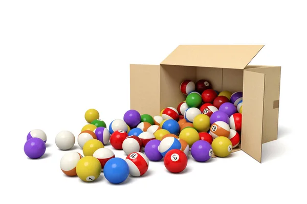 3d renderização de caixa de papelão deitado ao lado com bolas de snooker coloridas dentro e na frente dele . — Fotografia de Stock