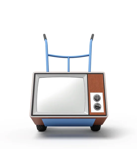 3D рендеринг синей ручной тележки, стоящей в полуобороте с коричневым ретро телевизором на ней . — стоковое фото