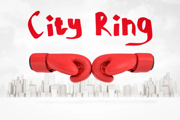 3d representación de dos guantes de boxeo rojo uno frente al otro con el título City Ring por encima, contra el fondo de la ciudad moderna blanca . —  Fotos de Stock
