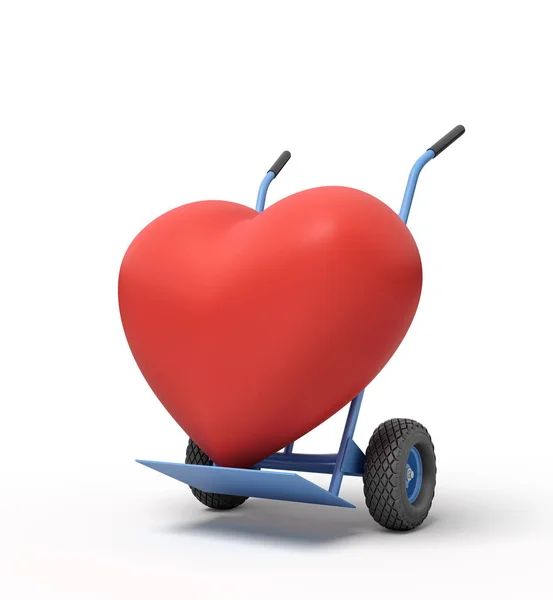 3 boyutlu büyük kırmızı kalbi bir el arabasına yerleştirmek. — Stok fotoğraf
