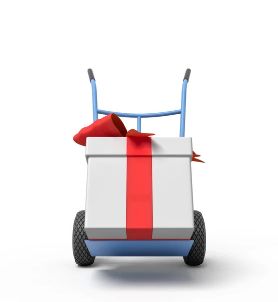 커다란 흰색 선물 상자를 맨 위에 빨간 리본으로 묶은 푸른 손 트럭의 3 차원 렌더링. — 스톡 사진