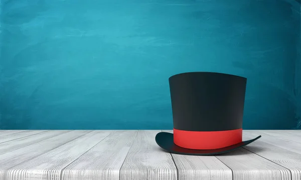 3D-återgivning av svart tophat med rött band stående på träbord nära blå vägg med kopieringsutrymme. — Stockfoto