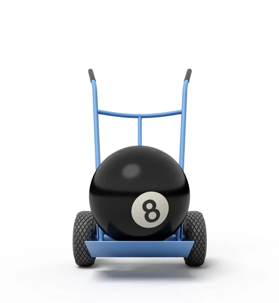 3D närbild återgivning av svart bowling bollen på blå hand lastbil. — Stockfoto