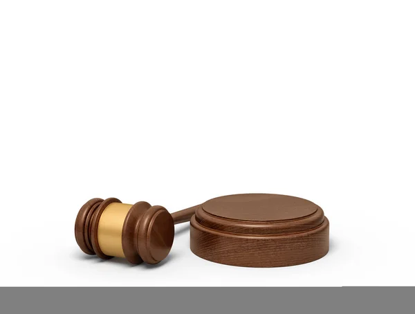 3d weergave van ronde houten blok en bruine houten hamer geïsoleerd op witte achtergrond — Stockfoto