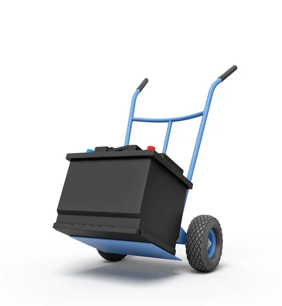 3d rendering of blue hand truck with black accumulator box on top. — Stock Photo, Image
