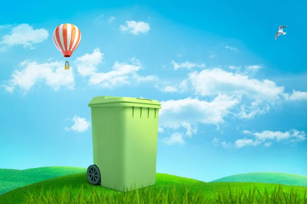 3d representación de basura verde claro lata de pie por la mitad de vuelta en pradera verde bajo el cielo azul con pájaro y globo de aire caliente en la distancia . —  Fotos de Stock