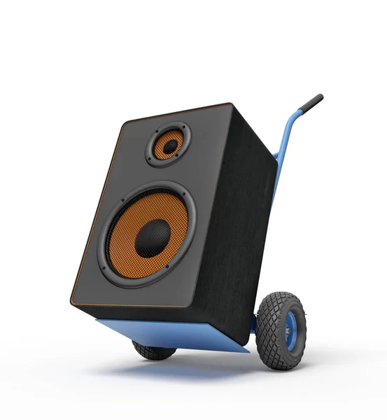 3D απόδοση του μαύρου ηχείου ήχου σε ένα φορτηγό χέρι σε μπλε φόντο — Φωτογραφία Αρχείου