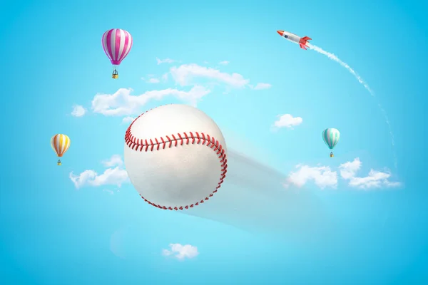 3d rendering bola bisbol dengan awan dan balon udara panas di latar langit biru — Stok Foto