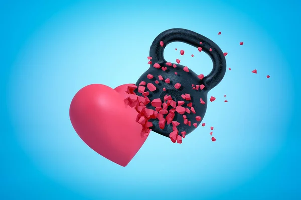 3d representación de kettlebell negro golpeando y rompiendo el corazón rosa sobre fondo azul claro . — Foto de Stock