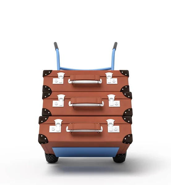 3d rendering of blue hand truck with stack of three brown suitcases on top. — Stock Photo, Image