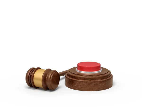 3d rendering of red button on round wooden block and brown wooden gavel — Stock Photo, Image