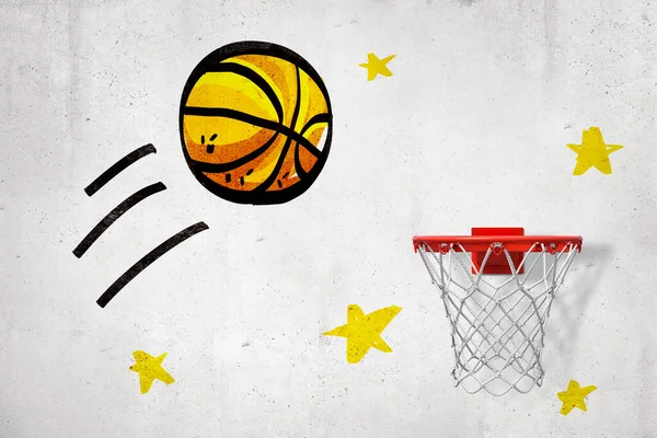 3d rendering of concrete wall with drawing of a basketball flying right into the basketball hoop on the wall. — 图库照片