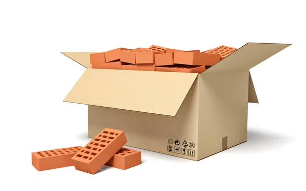 Rendering 3d di scatola di cartone piena di nuovi mattoni forati marroni . — Foto Stock