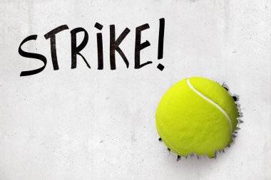 Üç boyutlu beton duvar, ünvan vuruşu ve tenis topu duvarın arkasından geçip deliğe sıkışmış..