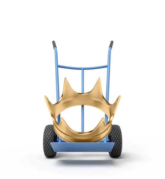 3D närbild återgivning av stora gyllene krona på blå hand lastbil. — Stockfoto