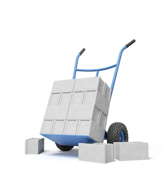 3d rendering of stack of grey hollow bricks on blue hand truck with several bricks lying on ground. — 图库照片