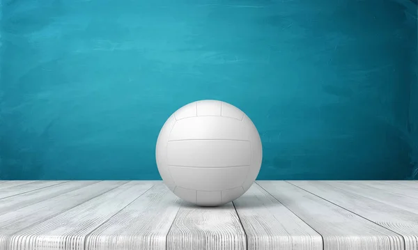 白色排球的3D渲染，躺在蓝色墙附近的木制表面上，具有复制空间. — 图库照片