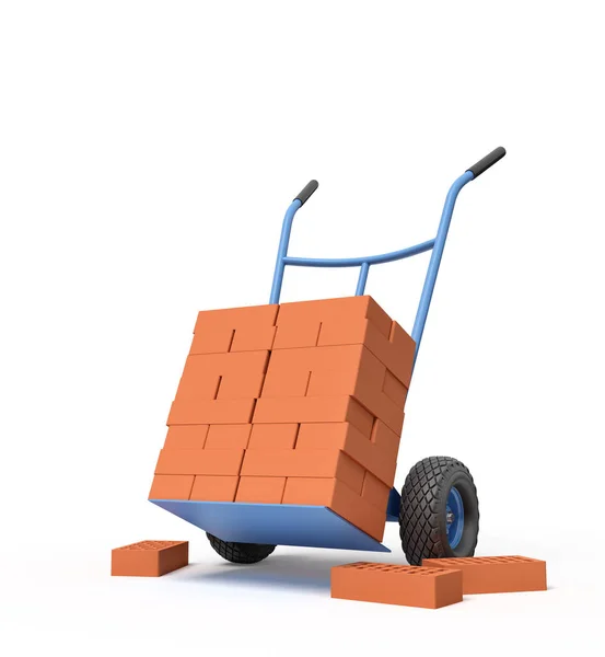 3d rendering of stack of red perforated bricks on blue hand truck with several bricks on ground. — Stock Photo, Image