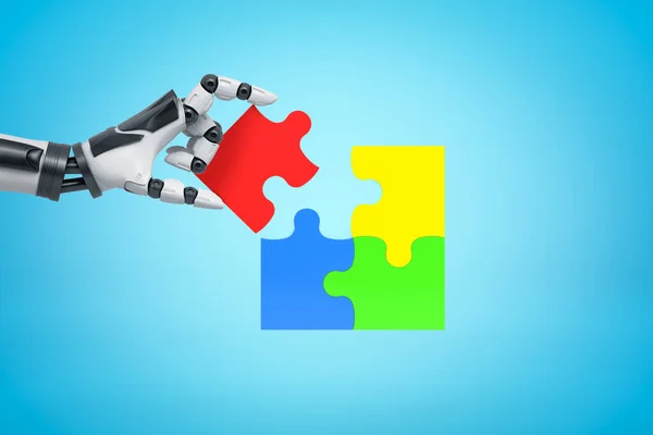 Rendering 3d della mano robotica con pezzi puzzle colorati su sfondo blu — Foto Stock