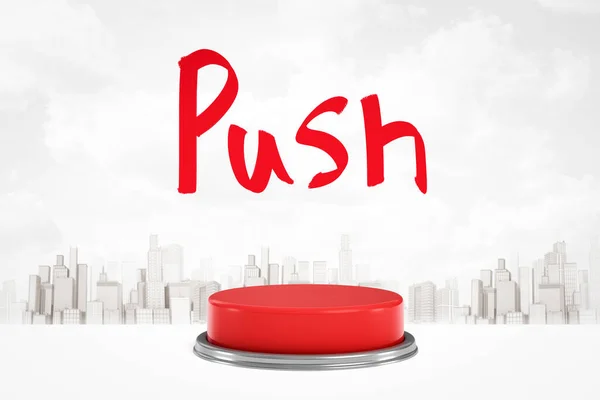3D рендеринг красной кнопки на фоне небоскребов белого города с красным знаком Push выше — стоковое фото