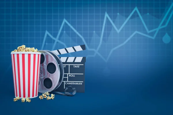 3D απόδοση του κάδου ποπ κορν, ταινία και clapperboard σε μπλε φόντο με γραφικές παραστάσεις γραμμή και κάποιο χώρο αντίγραφο. — Φωτογραφία Αρχείου