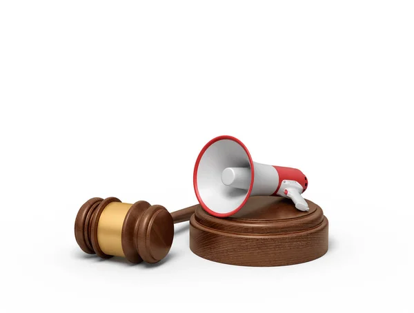 3d rendering of megaphone on round wooden block and brown wooden gavel — Stock Photo, Image