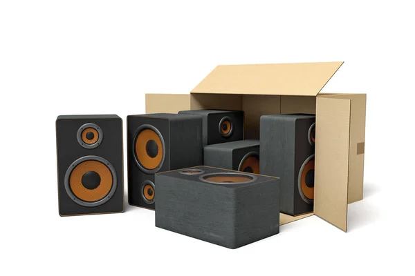 3d representación de la caja de cartón acostado lateral con altavoces de audio negro dentro y tres fuera . — Foto de Stock