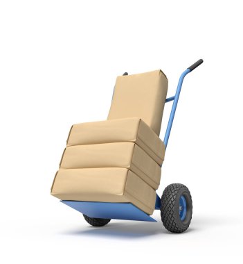 Mavi el kamyonunda kağıda sarılı dört paketin 3D çizimi.
