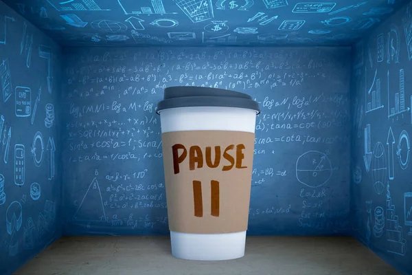 3d rendering of huge paper coffee cup with word PAUSE icon, standing in blue room with walls all covered in algebraic formulas and business-related images.