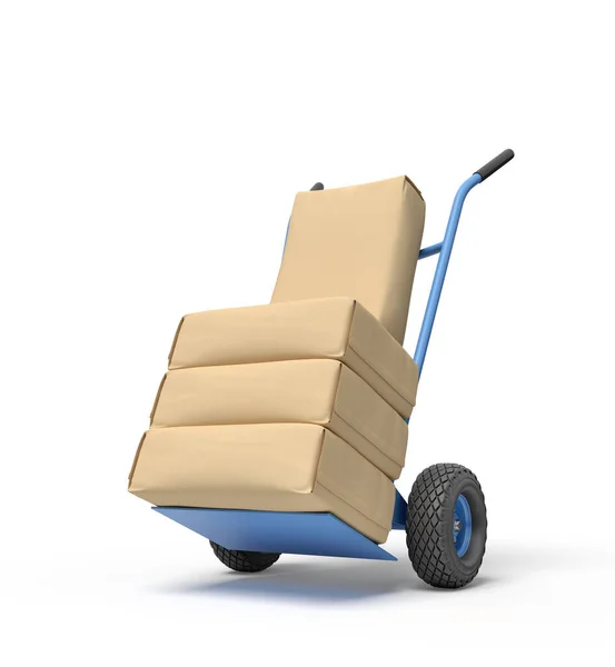 3d rendering of four parcels wrapped in paper on blue hand truck. — Stock Photo, Image