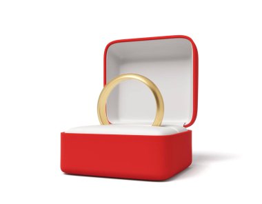 Nişan yüzüğünün kırmızı kutuda görüntülenmesi beyaz arkaplanda izole edildi