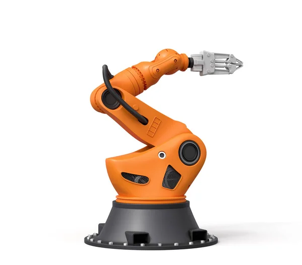 3D representación de brazo robótico naranja con pinza gris de pie sobre fondo blanco . —  Fotos de Stock