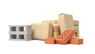 Beyaz zemin üzerinde çeşitli tuğlalar ve kırmızı delikli tuğlalar bulunan açık kahverengi kağıt paketlerin 3D görüntülenmesi.
