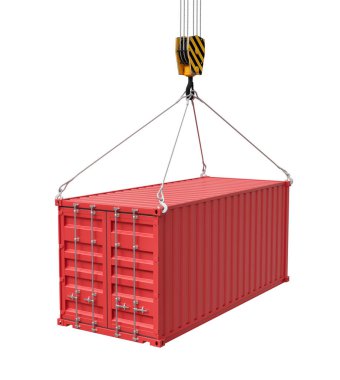 Kapalı kırmızı kargo konteynırının 3 boyutlu görüntüsü vinçten askıya alınmış, beyaz arka planda izole edilmiş..