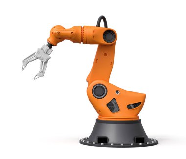 Turuncu robotik kolun beyaz arkaplanda 3 boyutlu görüntülenmesi