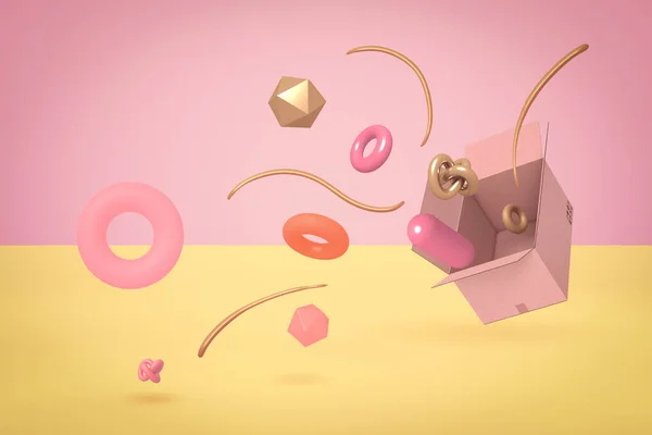 3D renderização de diferentes objetos geométricos coloridos voando para fora da caixa de papelão em contraste de duas cores de fundo rosa e amarelo . — Fotografia de Stock