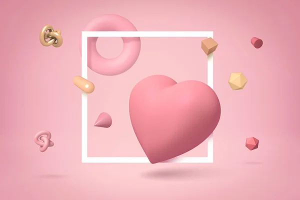 3D ztvárnění roztomilého jogurtu růžové srdce plovoucí na světle růžovém pozadí zvýrazněné plochým bílým rámečkem, s mnoha dalšími předměty všude kolem. — Stock fotografie