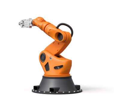 Turuncu robotik kolun beyaz arkaplanda 3 boyutlu görüntülenmesi