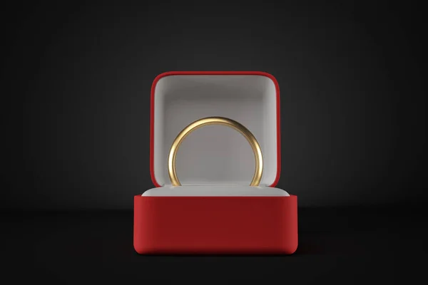 3d front close-up weergave van gouden ring in open rode doos op zwarte achtergrond. — Stockfoto