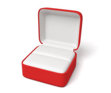 Beyaz arkaplanda boş kırmızı yüzük kutusunun 3d yakın plan görüntülemesi.