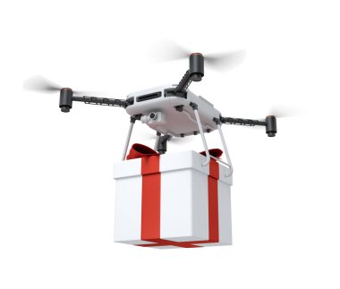 Beyaz arka planda izole edilmiş kırmızı kurdeleli büyük beyaz bir hediye taşıyan 3D kamera görüntüsü.