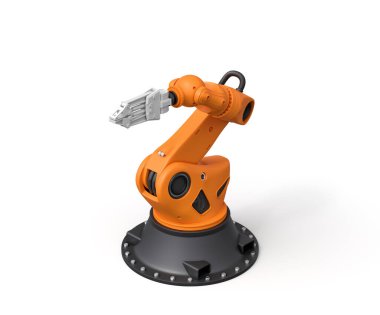 Turuncu robotik kolun beyaz arkaplanda 3 boyutlu görüntülenmesi
