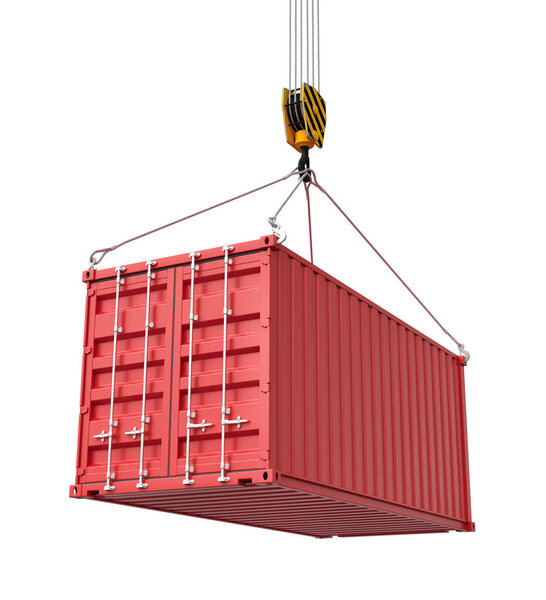 3d rendering of closed red cargo container suspended from crane, isolated on white background.