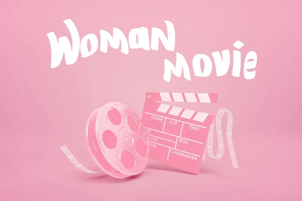 3D renderelés rózsaszín film tekercs és clapperboard joghurt rózsaszín háttér cím Woman Movie. — Stock Fotó