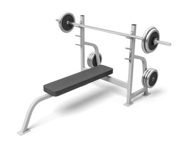 Beyaz arkaplanda izole edilmiş metal halterli 3D ağırlık bankı
