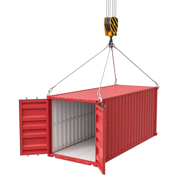 3d rendering of crane lifting open empty red shipping container isolated on white background — Stock Photo, Image