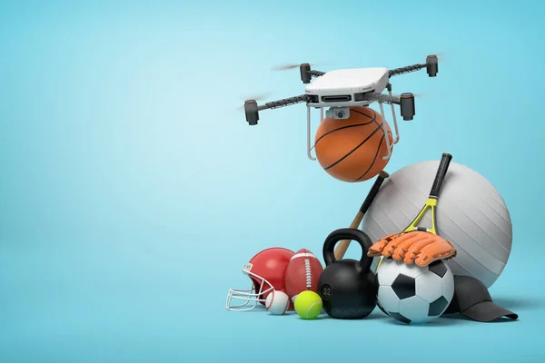 3d renderowanie drona kamery wprowadzenie koszykówki w stos sprzętu sportowego na jasnoniebieskim tle z miejsca kopiowania. — Zdjęcie stockowe