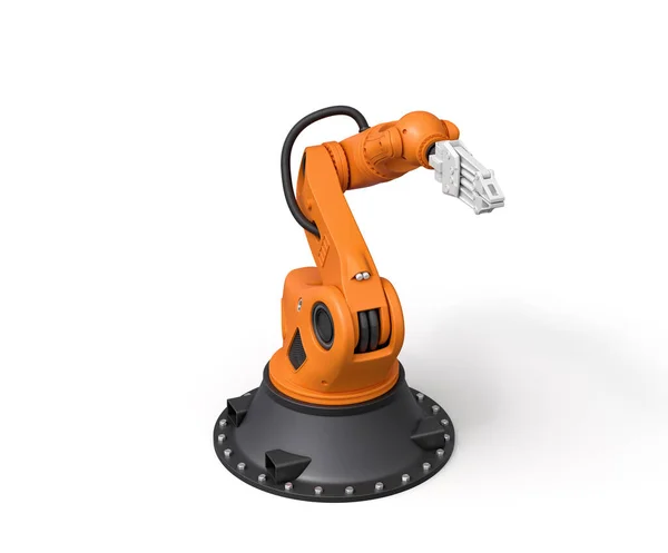 3D-återgivning av orange robotic arm med grå gripdon står på vit bakgrund. — Stockfoto