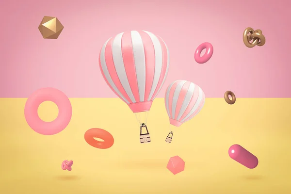 3D renderização de dois balões de ar quente com objetos aleatórios em fundo de duas cores — Fotografia de Stock